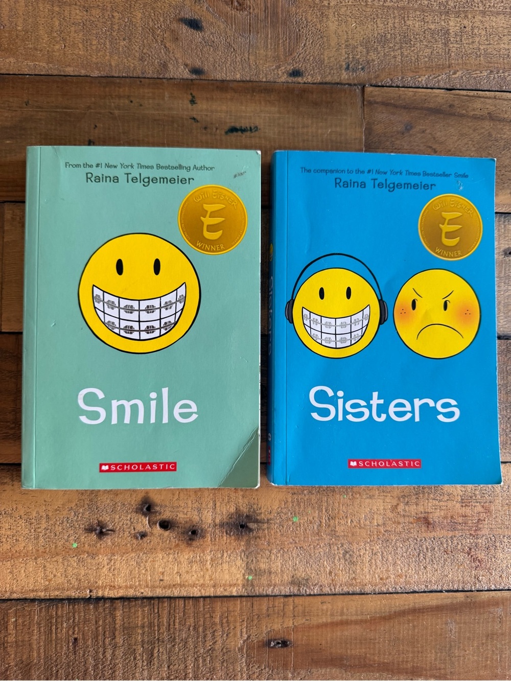 Scholastic Smile & Sisters Books - Teal and Blue Covers with Yellow Emoticons